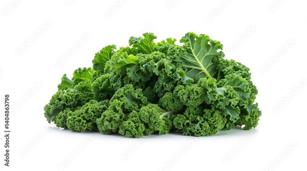 A vibrant pile of fresh green kale leaves isolated on a white background A vibrant pile of fresh green kale leaves isolated on a white background