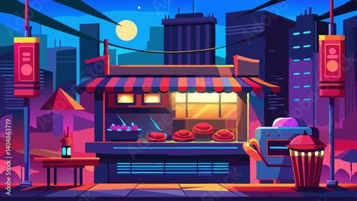 A colorful city street with a food stand and a neon sign. Scene is lively and bustling