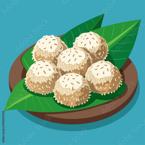 A leafy green background with a bunch of small white and brown balls on it. The balls are arranged in a circle and are surrounded by green leaves