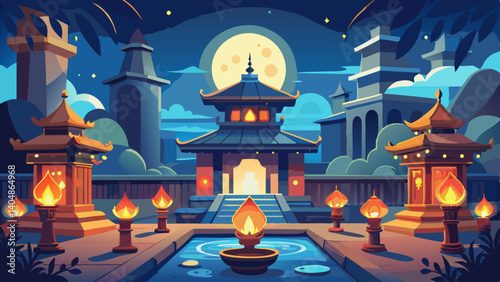 A drawing of a city with a large moon in the sky. The city is lit up with lights and lanterns, giving it a warm and inviting atmosphere. The scene is set in a courtyard with a pond