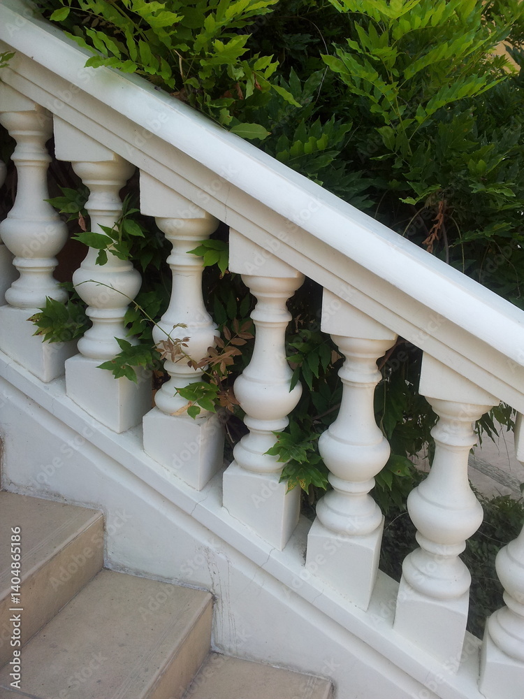White stairs with green plants on the wall, closeup of photo