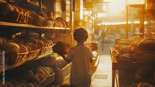 Child Selecting Bread in Warmly Lit Bakery