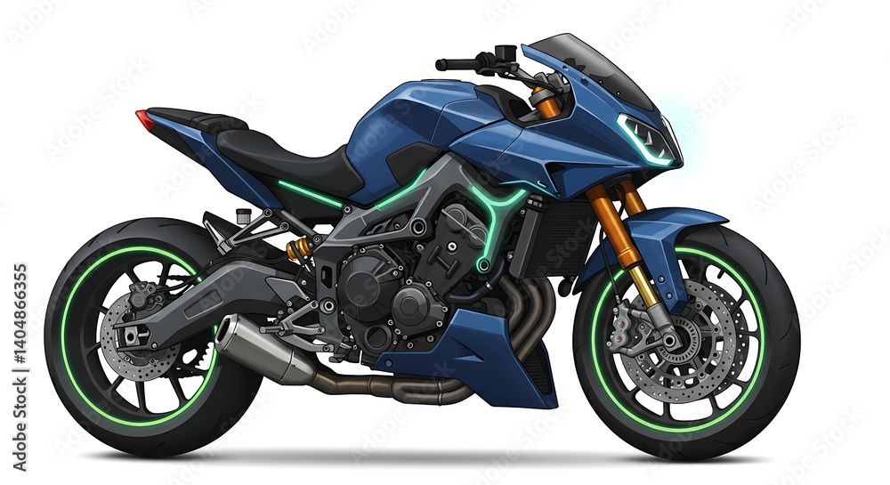 Blue Motorcycle Isolated with Glowing Green Accents Illustration Blue Motorcycle Isolated with Glowing Green Accents Illustration