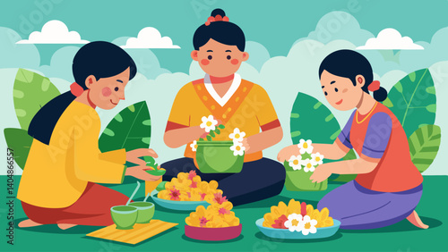 Three women are sitting on the grass and working on a flower arrangement. They are surrounded by various flowers and plants, and there are several cups and bowls nearby