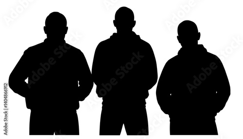 Silhouetted men standing confidently against a plain background  