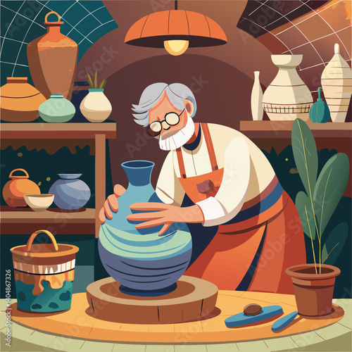 A man is kneeling down in front of a blue vase. He is fixing the vase