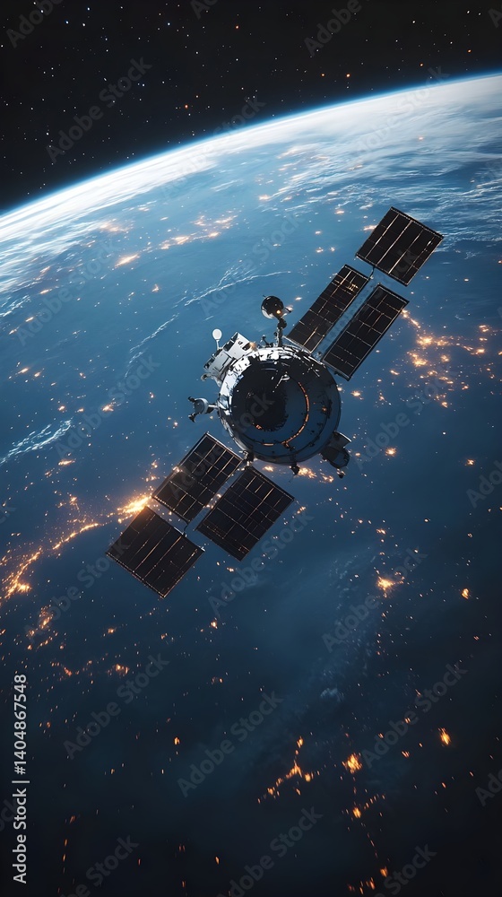Naklejka premium Satellite Orbiting Earth at Night Showing City Lights and Solar Panels