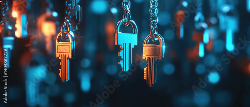 Secure encryption keys exchange digital icons illustration in a virtual environment for enhanced cybersecurity awareness