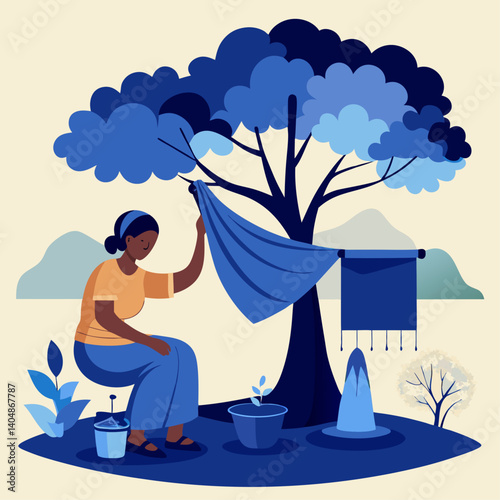 A woman is hanging a piece of clothing on a tree. The scene is set in a park with a tree in the background