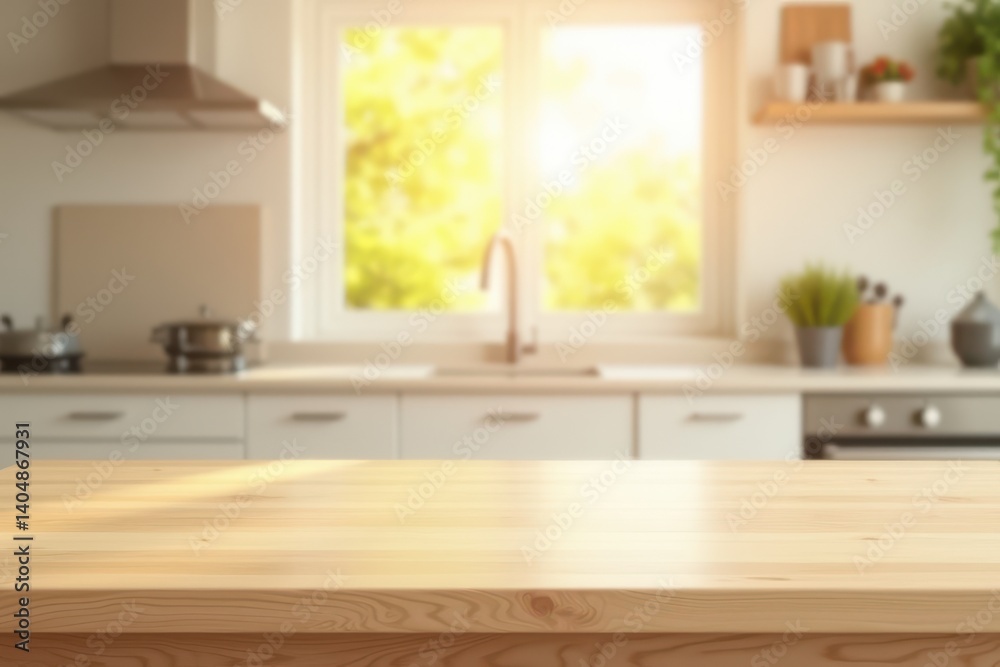 Empty wooden table with the bright white interior of the kitchen as a blurred background behind the bokeh golden sunshine Empty wooden table with the bright white interior of the kitchen as a blurred background behind the bokeh golden sunshine
