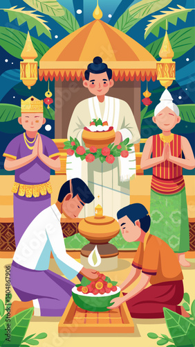 A group of people are gathered around a bowl, with one man kneeling down to serve the food. The scene is set in a temple, with a man dressed in white standing in front of a large umbrella