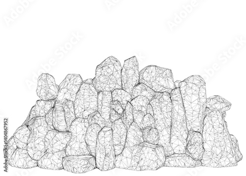 A pile of rocks is shown in black and white. The rocks are piled up in a way that they look like they are on top of each other. The image has a sense of weight and solidity