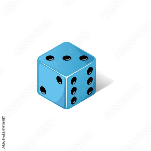 Game dice, blue dice with the number three side coming up. Dice cube icon isolated on white background.