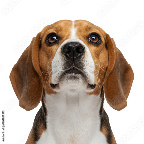 Realistic close up beagle dog portrait with expressive eyes and tricolor fur on white background for pet lovers and animal art collections