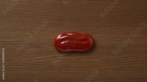 Red ketchup stain on a wooden surface.