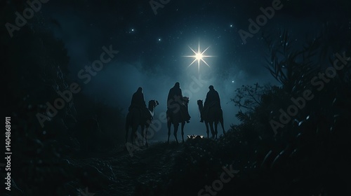 Three wise men on camels following the bright star in the dark night sky journeying forward