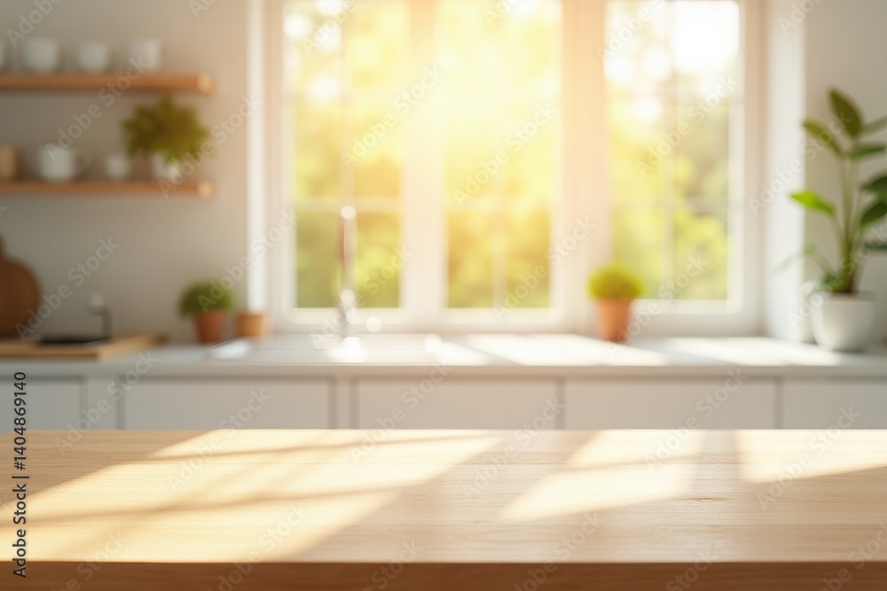Empty wooden table with the bright white interior of the kitchen as a blurred background behind the bokeh golden sunshine Empty wooden table with the bright white interior of the kitchen as a blurred background behind the bokeh golden sunshine