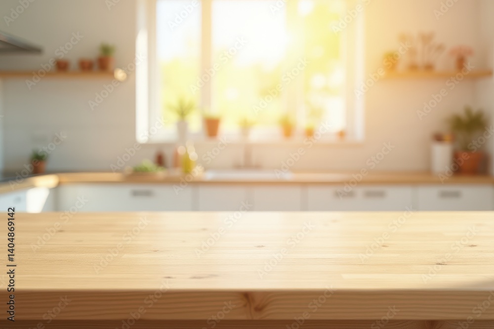 Empty wooden table with the bright white interior of the kitchen as a blurred background behind the bokeh golden sunshine Empty wooden table with the bright white interior of the kitchen as a blurred background behind the bokeh golden sunshine