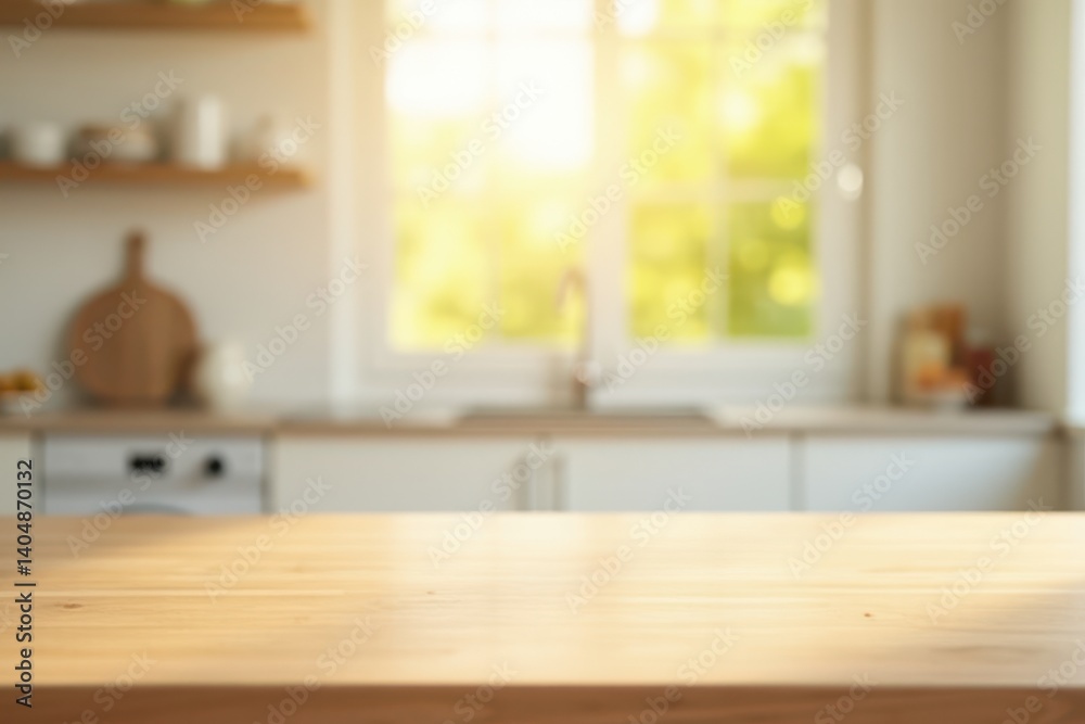 Empty wooden table with the bright white interior of the kitchen as a blurred background behind the bokeh golden sunshine Empty wooden table with the bright white interior of the kitchen as a blurred background behind the bokeh golden sunshine