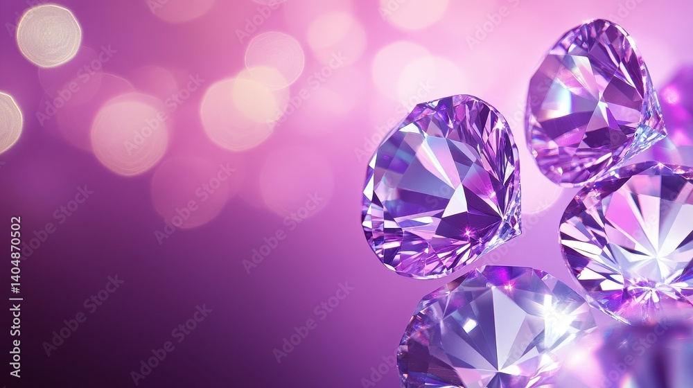 Close-up of sparkling purple diamonds on a reflective surface with a soft bokeh background