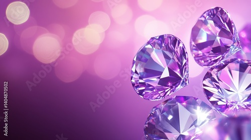 Obraz na płótnie Close-up of sparkling purple diamonds on a reflective surface with a soft bokeh background w salonie
