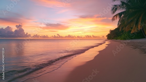 Tranquil tropical beach with pastel sunset and swaying palm trees