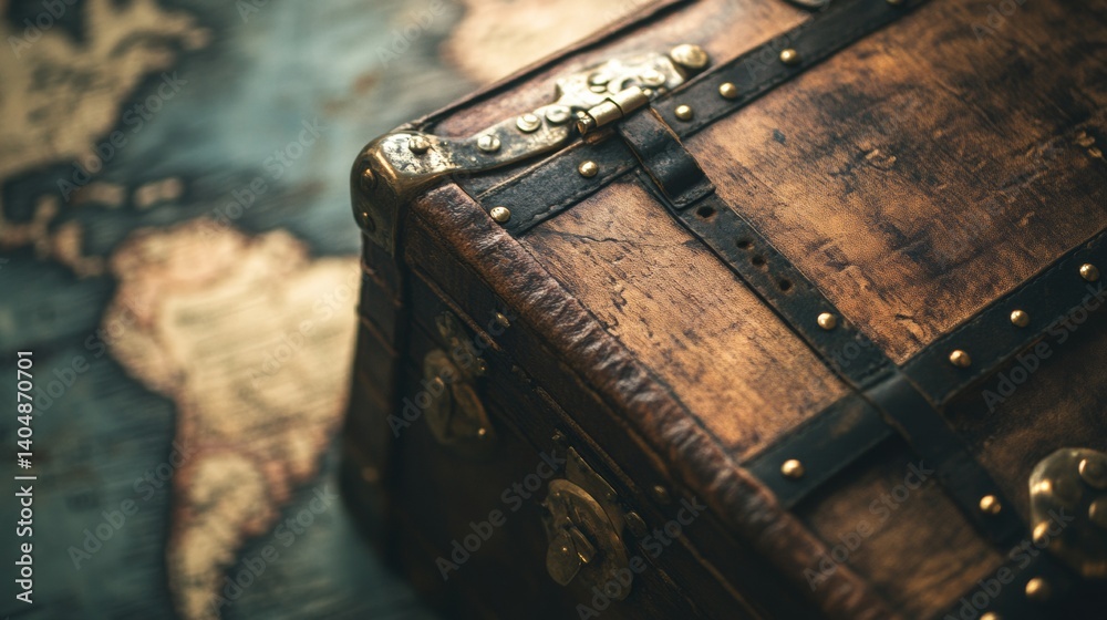 Old wooden treasure chest on antique world map