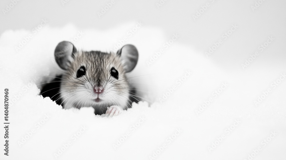Curious mouse peeking out from a small burrow in a snow-covered landscape during winter season