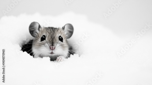 Curious mouse peeking out from a small burrow in a snow-covered landscape during winter season