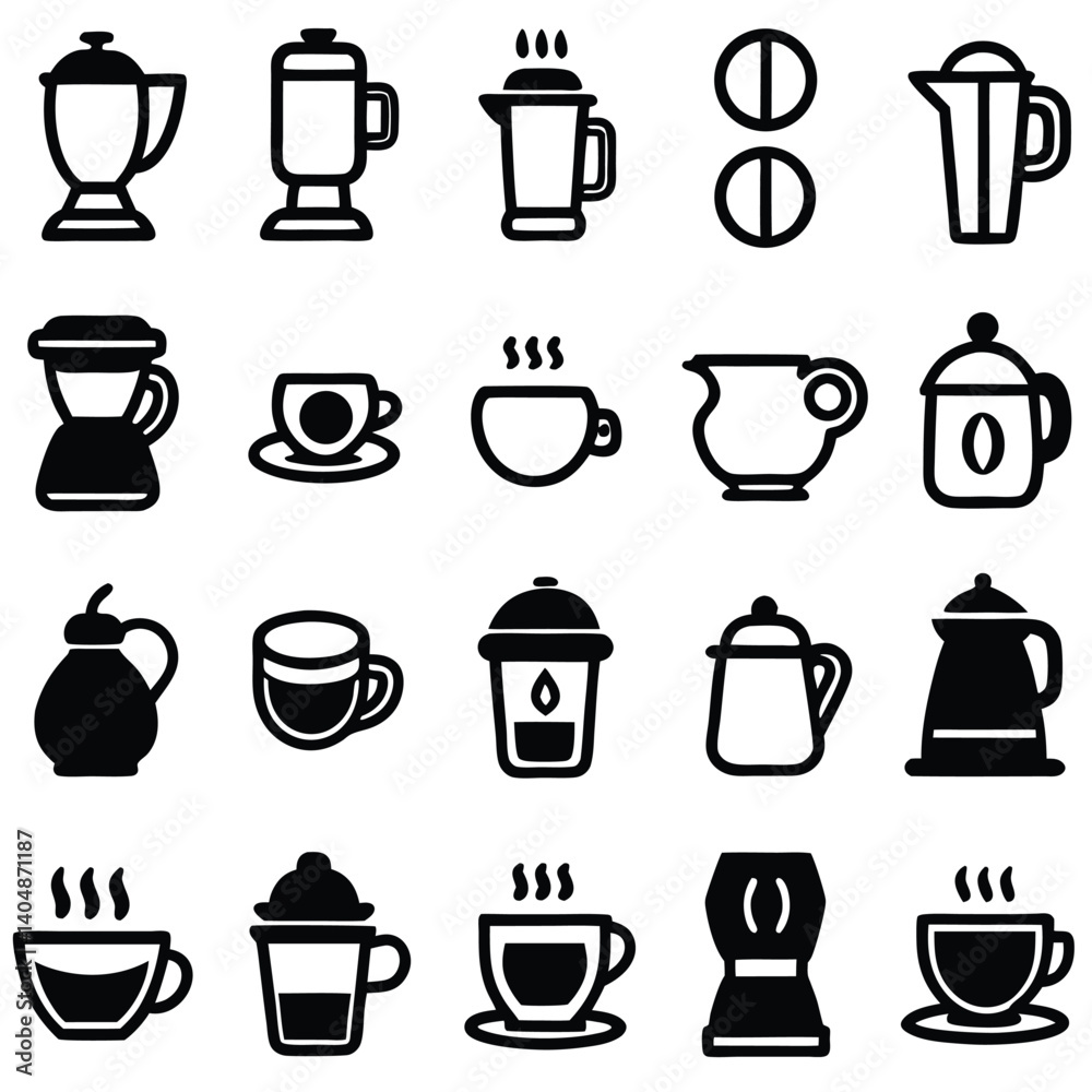 Coffee and Tea Cup Icons Set with Various Drink and Food Symbols Coffee and Tea Cup Icons Set with Various Drink and Food Symbols