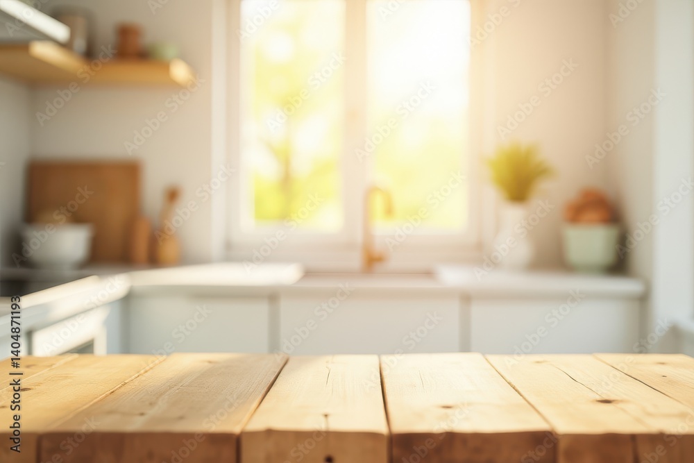 Empty wooden table with the bright white interior of the kitchen as a blurred background behind the bokeh golden sunshine