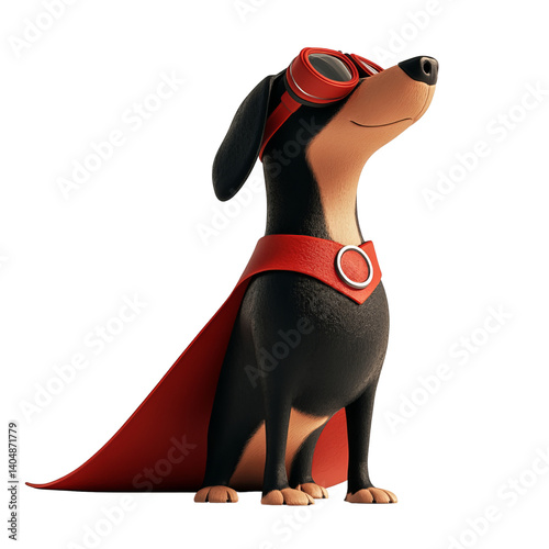 Png of A confident cartoon dachshund in a red cape and goggles, striking a heroic pose against a plain background.