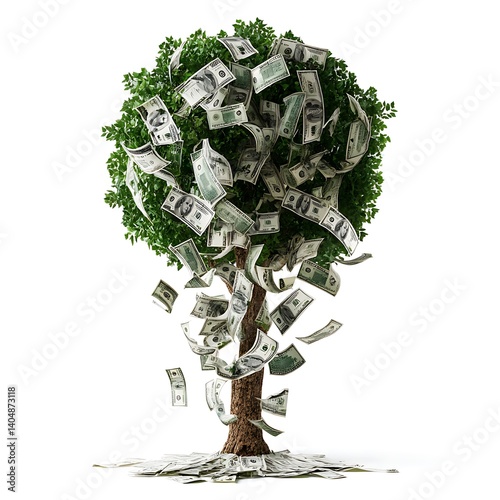 Money tree with falling dollar bills concept isolated on white background