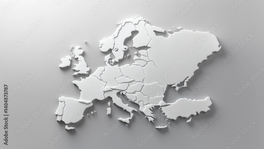 3D European map.  Detailed white relief map of Europe