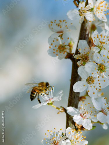 A honey bee with beautiful spring blossoms in early spring. White blooms on a fruit tree. Pollen and pollinators. Close-up insect photography.