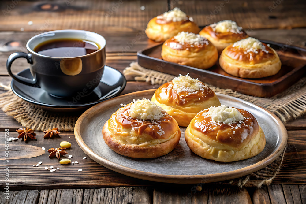 Fototapeta premium Comfort Food at Its Best – Creamy Pastries and Steaming Black Coffee.