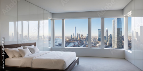 A luxurious bedroom with a breathtaking view of the city's stunning skyline.