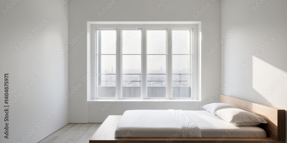 Fototapeta premium A serene minimalist bedroom design featuring a wooden bed and a cityscape view through a large window.