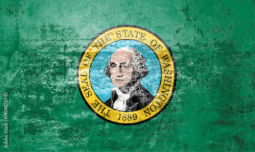Washington State Flag. Dirty Washington state flag on the wall.