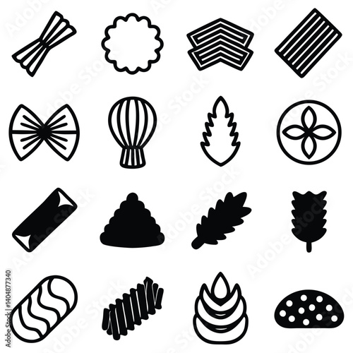 Set of different food icons including various food types and symbols in black silhouette design