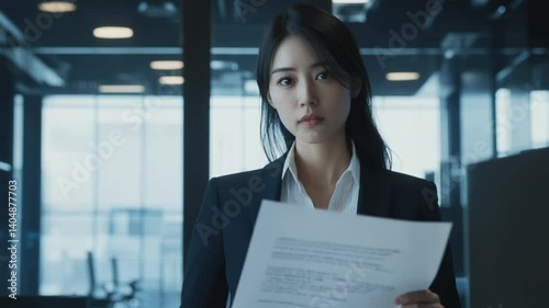 Young Professional Asian Woman Reviewing Documents in Modern Office Environment