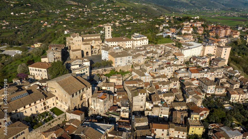Fototapeta premium Aerial view of the historic center of the town of Anagni which is located in the province of Frosinone in Lazio, Italy. It is known as the city of the popes.