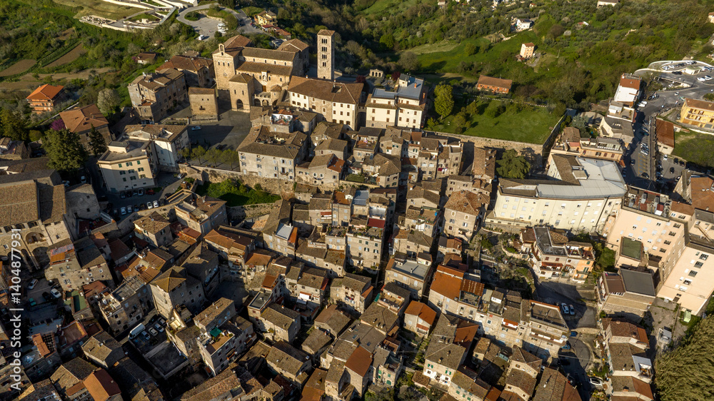 Aerial view of the historic center of the town of Anagni which is located in the province of Frosinone in Lazio, Italy. It is known as the city of the popes.