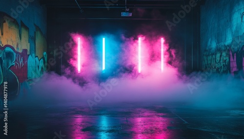 Neon-lit urban warehouse interior with graffiti and fog