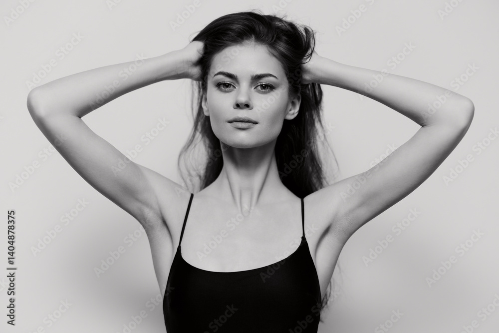 Confident young woman in black swimsuit, posing with hands in hair against a neutral grey background. Emphasizing beauty and self-expression concepts.