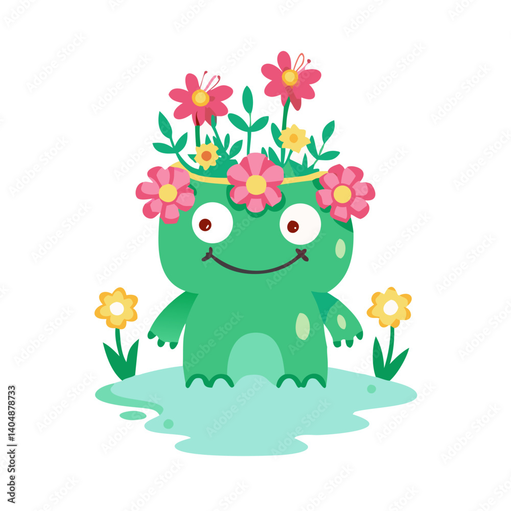 Fototapeta premium Cute green creature with a floral crown smiling in a pond for nature-themed illustration concept