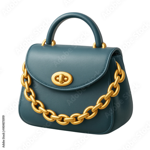 stylish blue handbag with gold chain and clasp exudes elegance and sophistication.on transparent cutout, PNG file