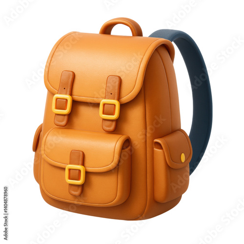 stylish orange backpack with multiple pockets and blue strap, perfect for travel or school.on transparent cutout, PNG file