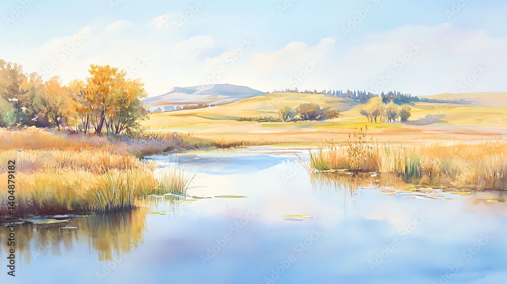Serene landscape with a river, grassy fields and distant hills under a clear sky. Serene landscape with a river, grassy fields and distant hills under a clear sky.