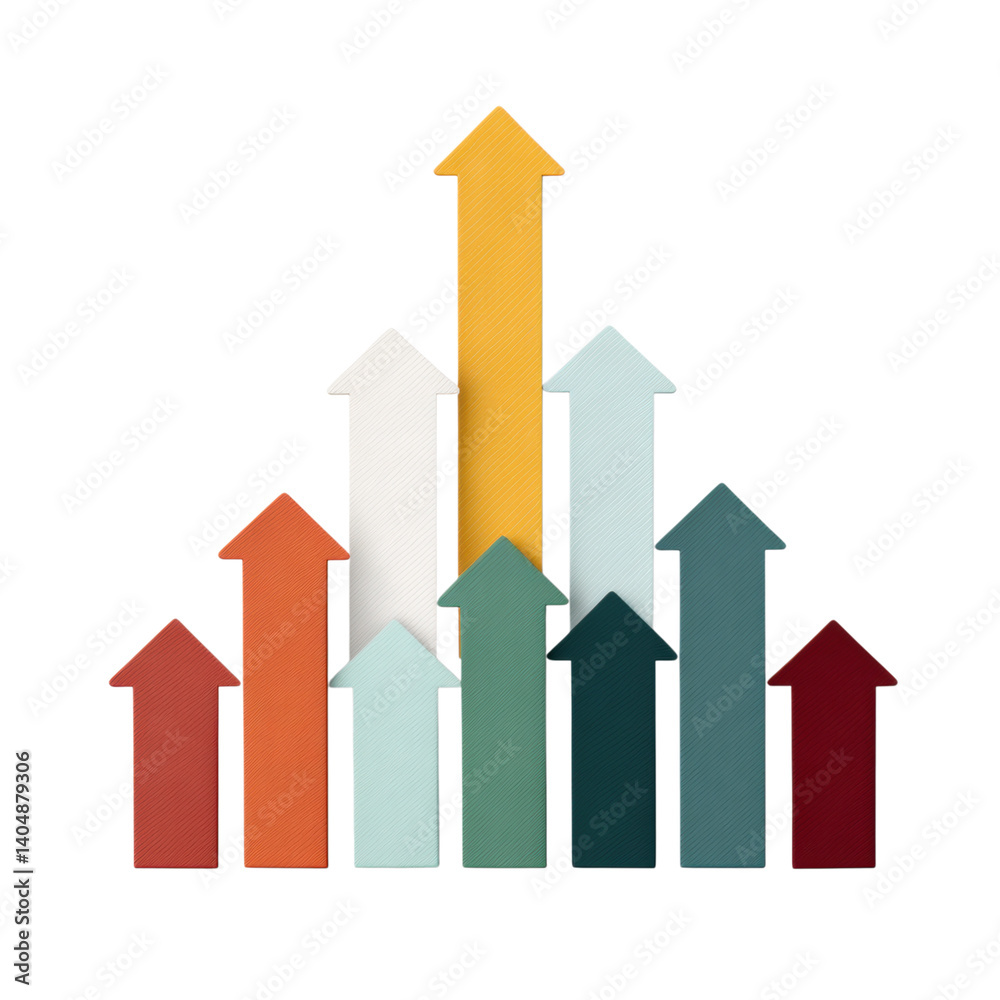 Colorful arrows pointing upwards in growth concept, symbolizing progress and success.on transparent cutout, PNG file Colorful arrows pointing upwards in growth concept, symbolizing progress and success.on transparent cutout, PNG file